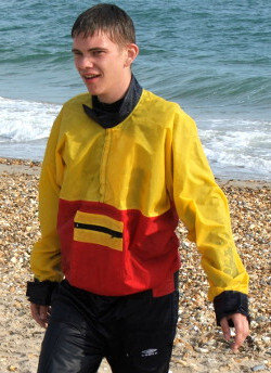 beach wet anorak red yellow